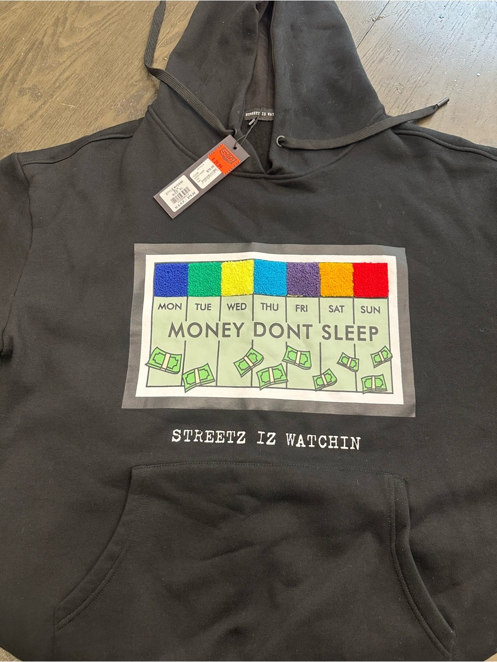fresh Black Hoodie with Rainbow Weekday Strips and Money Graphic